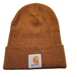 Carhartt Hat Beanie Fitted Mens One Size Brown Knit Acrylic Cuffed Winter‎ A18